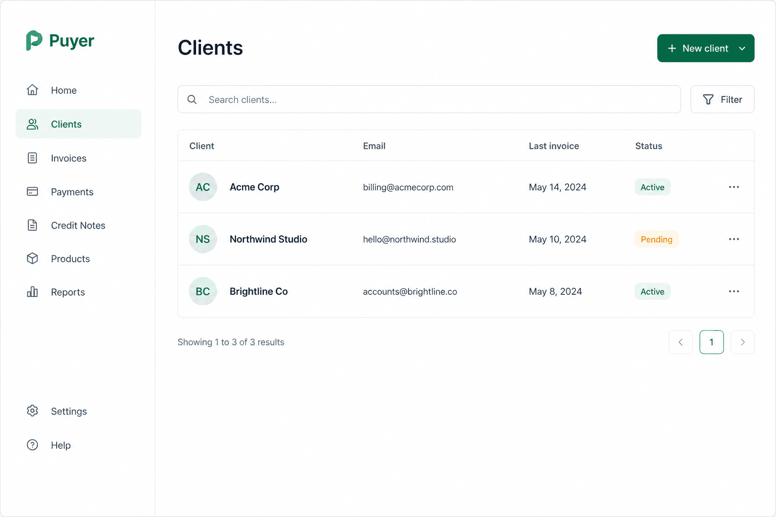 Puyer clients list with company names, emails, and active or pending status