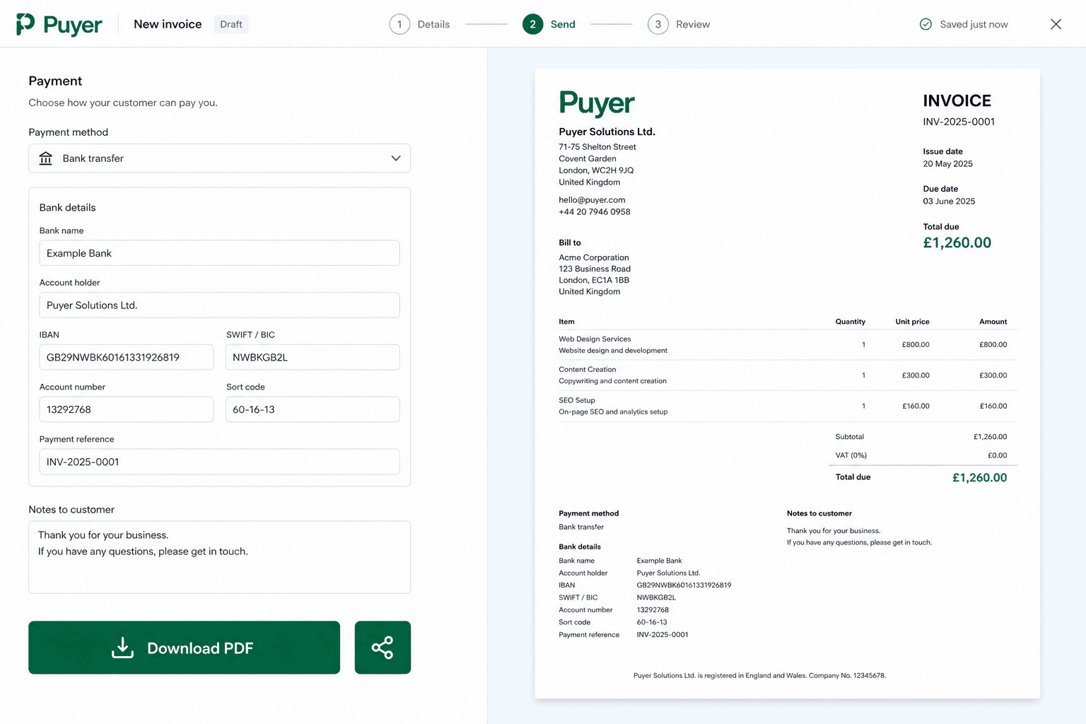 Invoice builder with green Download PDF and Share buttons