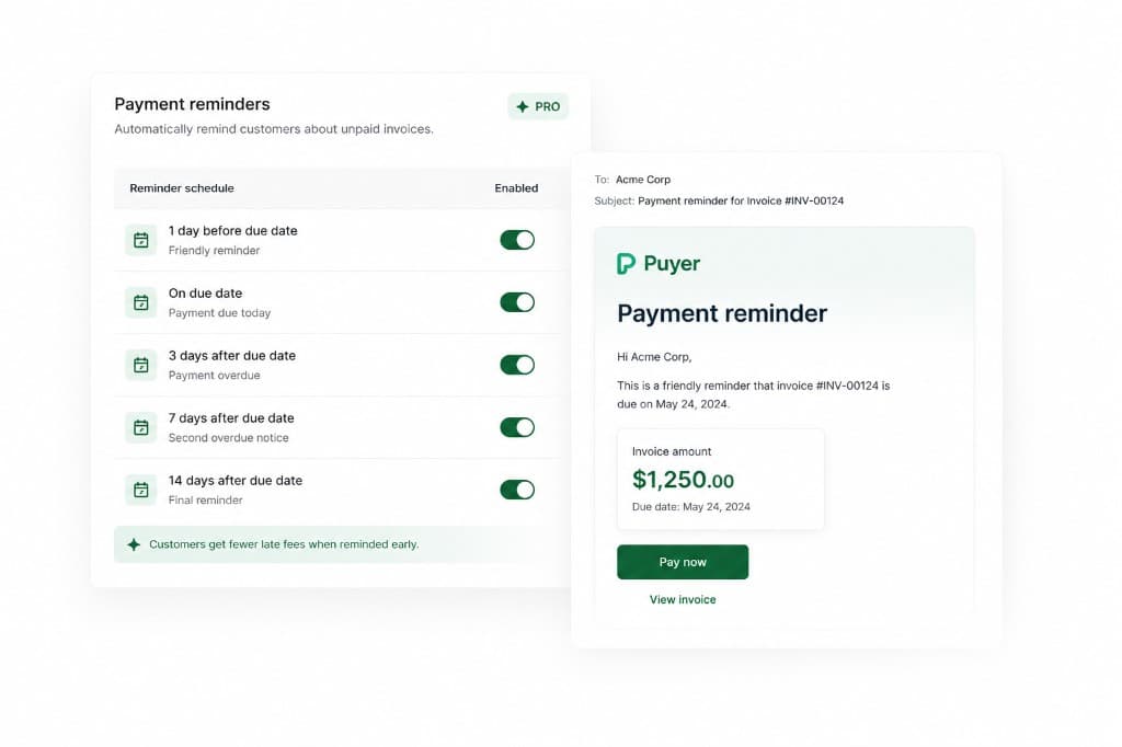 Automatic reminder settings and a past-due invoice email preview
