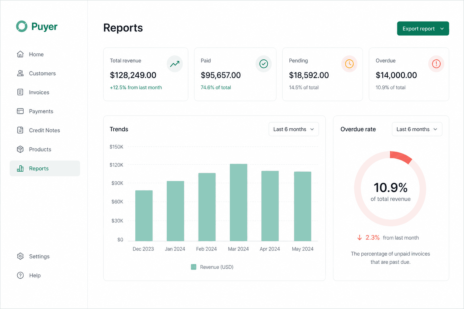 Puyer reports dashboard with revenue KPI cards and a six-month trends chart